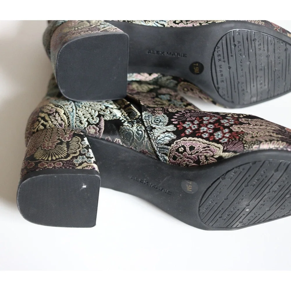 Alex Marie Jacquard Floral Black Multicolor Ankle Bootie Zip Pointed Toe Sz 7.5M